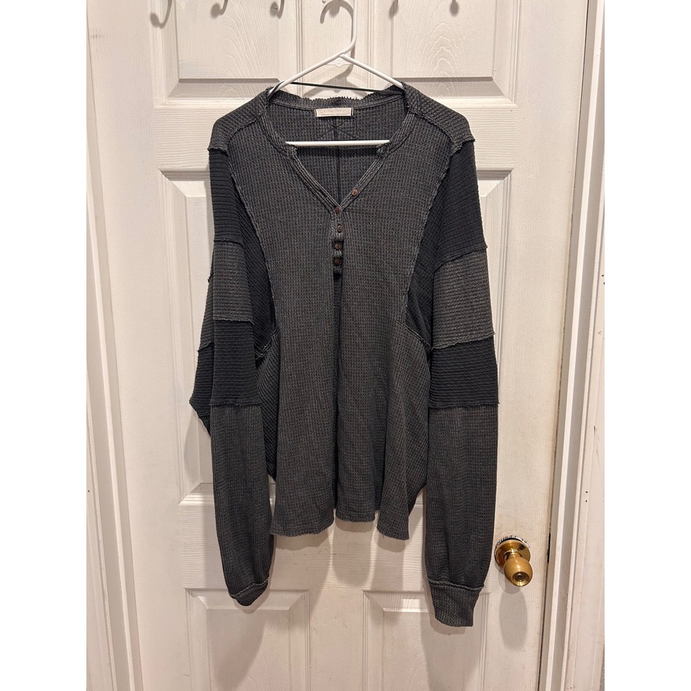 We the Free Callisto Henley Waffle Knit Top Gray Patchwork Thermal Large Boho